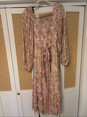 Pink and Gold Smocked Maxi Dress with Tie Waist